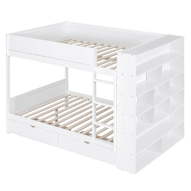 Lit superposé en bois gris et blanc avec tiroirs et armoire, 2 couchages