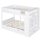 Lit superposé en bois gris et blanc avec tiroirs et armoire, 2 couchages
