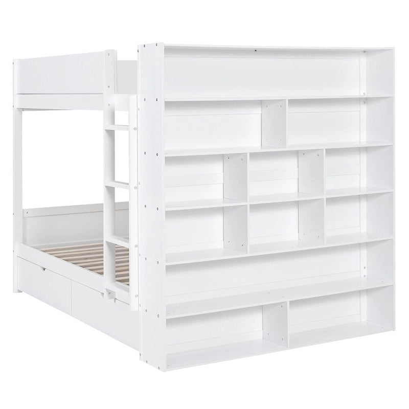 Lit superposé en bois gris et blanc avec tiroirs et armoire, 2 couchages