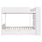 Lit superposé en bois gris et blanc avec tiroirs et armoire, 2 couchages