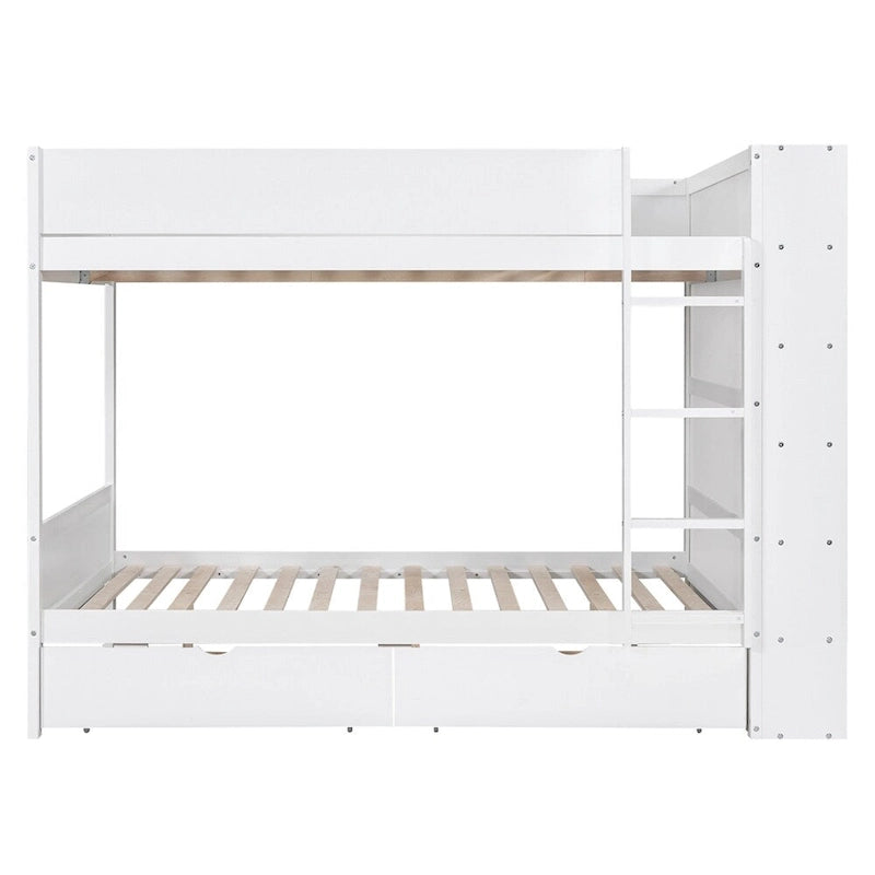 Lit superposé en bois gris et blanc avec tiroirs et armoire, 2 couchages