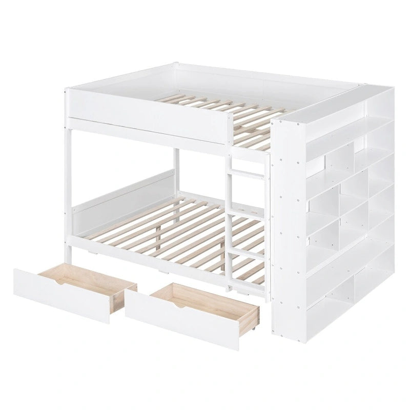 Lit superposé en bois gris et blanc avec tiroirs et armoire, 2 couchages