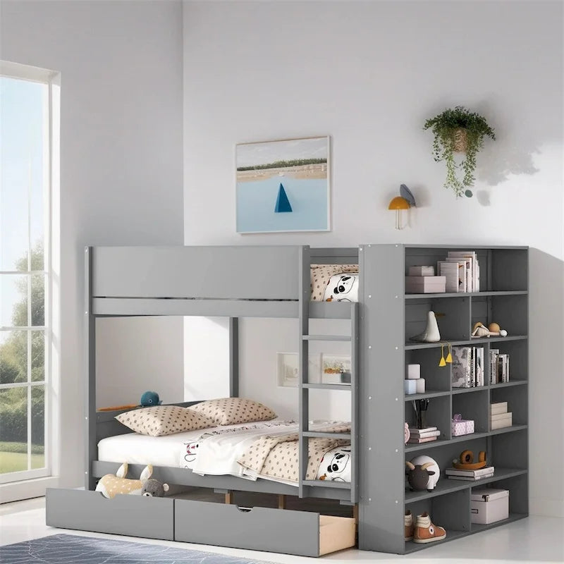 Lit superposé en bois gris et blanc avec tiroirs et armoire, 2 couchages