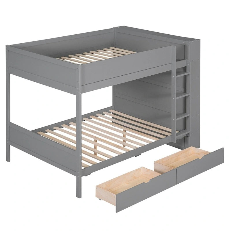 Lit superposé en bois gris et blanc avec tiroirs et armoire, 2 couchages