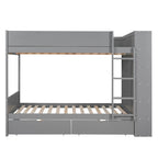 Lit superposé en bois gris et blanc avec tiroirs et armoire, 2 couchages