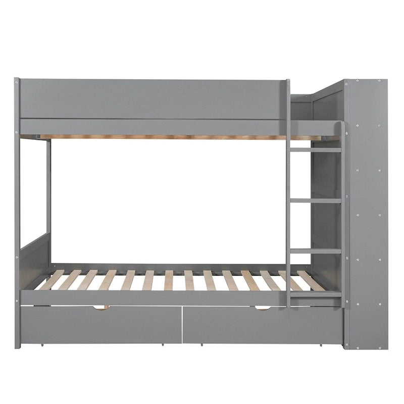 Lit superposé en bois gris et blanc avec tiroirs et armoire, 2 couchages