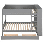 Lit superposé en bois gris et blanc avec tiroirs et armoire, 2 couchages