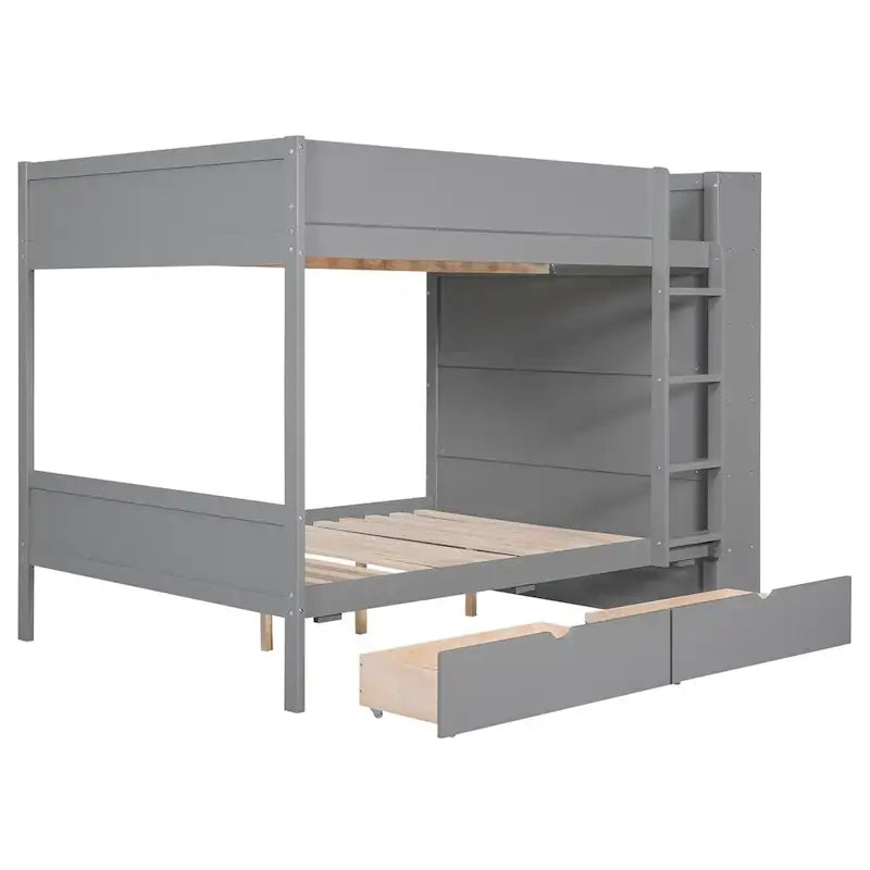 Lit superposé en bois gris et blanc avec tiroirs et armoire, 2 couchages
