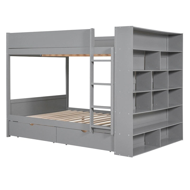 Lit superposé en bois gris et blanc avec tiroirs et armoire, 2 couchages