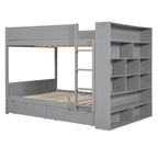 Lit superposé en bois gris et blanc avec tiroirs et armoire, 2 couchages