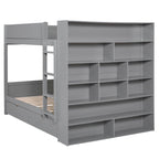 Lit superposé en bois gris et blanc avec tiroirs et armoire, 2 couchages