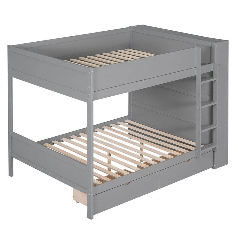 Lit superposé en bois gris et blanc avec tiroirs et armoire, 2 couchages