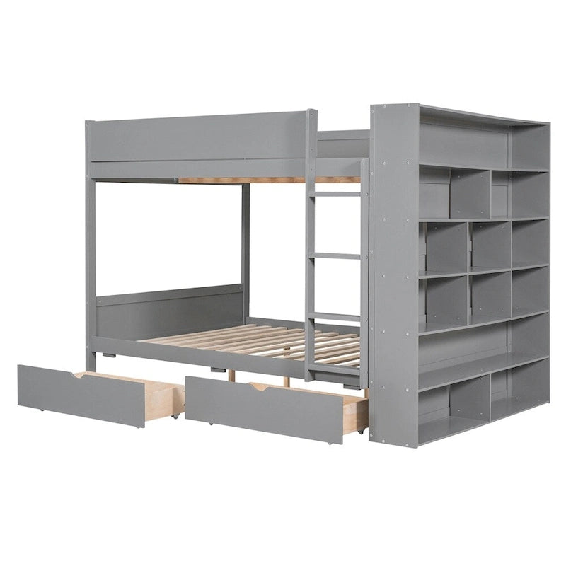 Lit superposé en bois gris et blanc avec tiroirs et armoire, 2 couchages