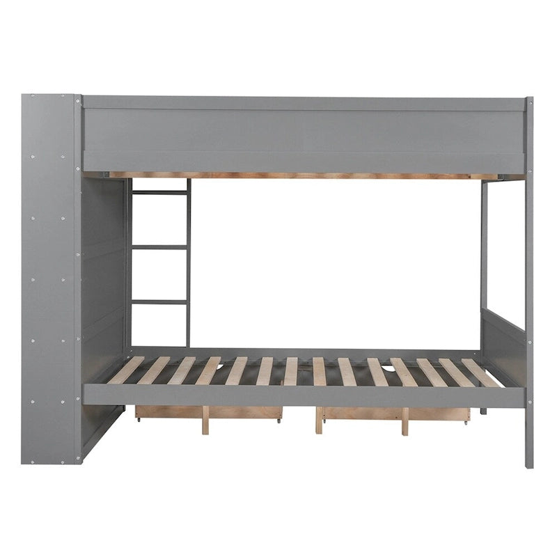 Lit superposé en bois gris et blanc avec tiroirs et armoire, 2 couchages