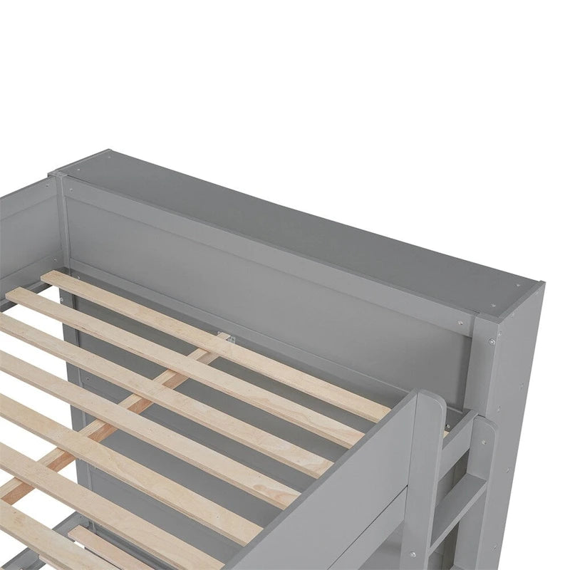 Lit superposé en bois gris et blanc avec tiroirs et armoire, 2 couchages