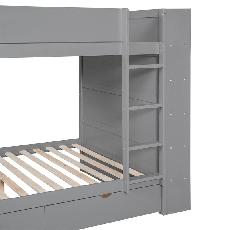Lit superposé en bois gris et blanc avec tiroirs et armoire, 2 couchages
