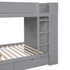 Lit superposé en bois gris et blanc avec tiroirs et armoire, 2 couchages