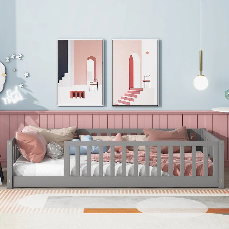 Lit plateforme simple avec barrière, gris / naturel / blanc / expresso