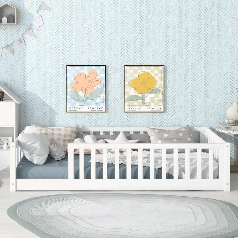 Lit plateforme simple avec barrière, gris / naturel / blanc / expresso