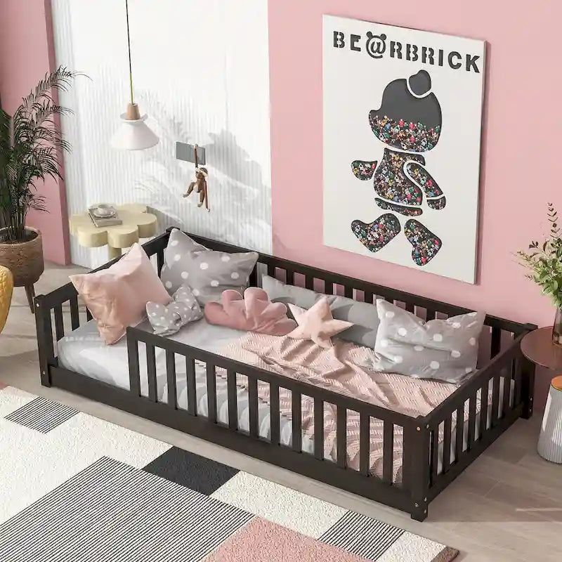 Twin Floor Platform Bed with Fence without Door