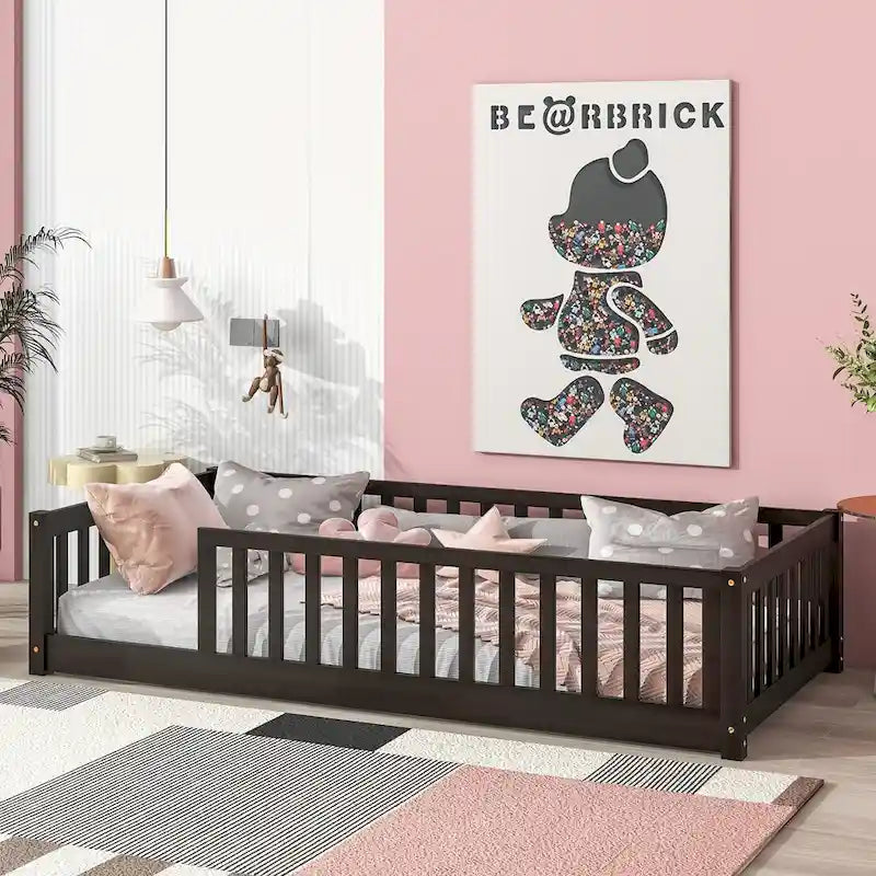 Lit plateforme simple avec barrière, gris / naturel / blanc / expresso