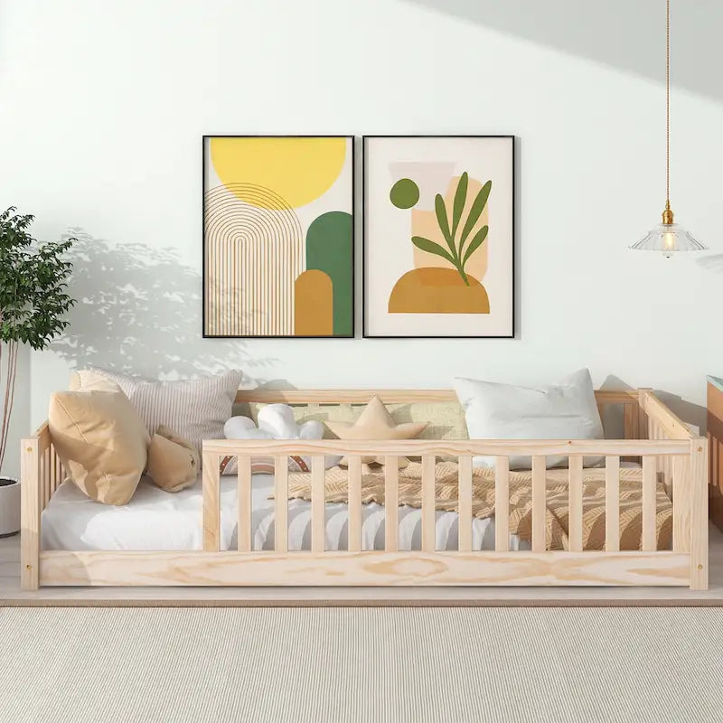 Lit plateforme simple avec barrière, gris / naturel / blanc / expresso