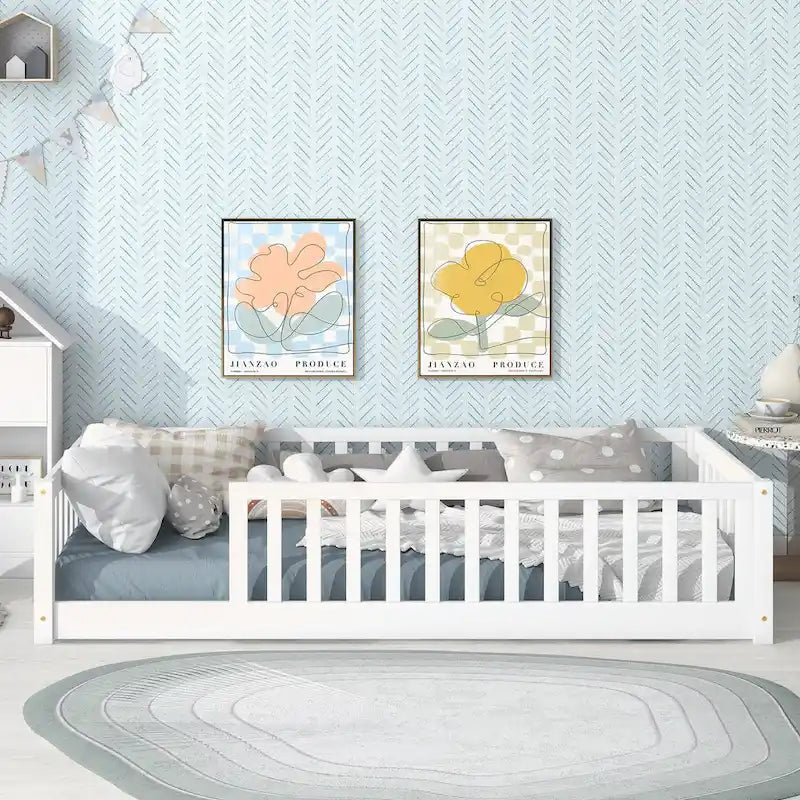 Lit plateforme simple avec barrière, gris / naturel / blanc / expresso