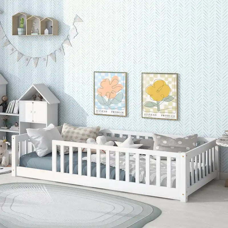 Lit plateforme simple avec barrière, gris / naturel / blanc / expresso