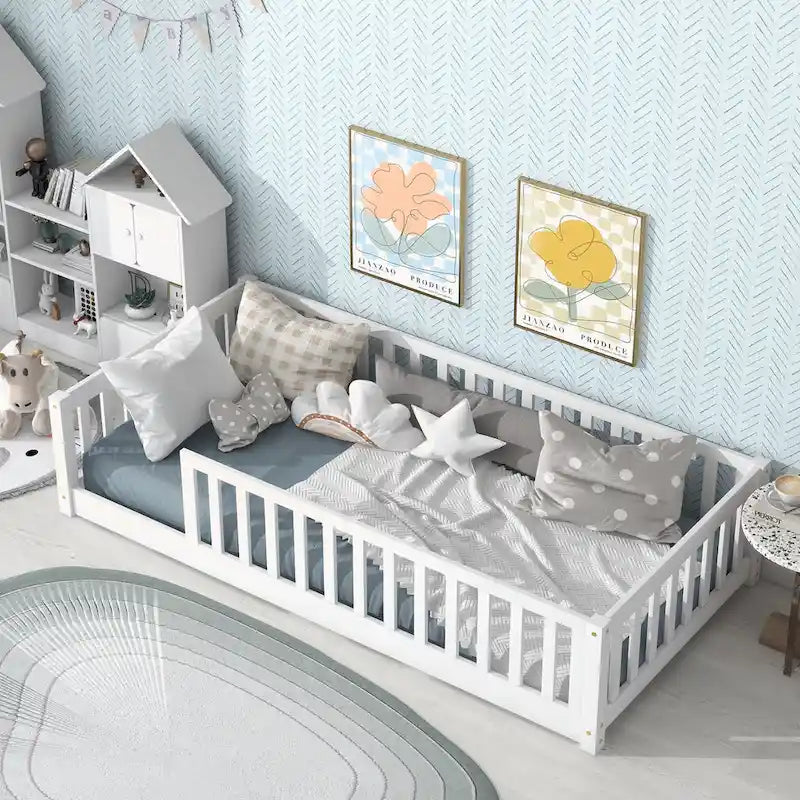 Lit plateforme simple avec barrière, gris / naturel / blanc / expresso