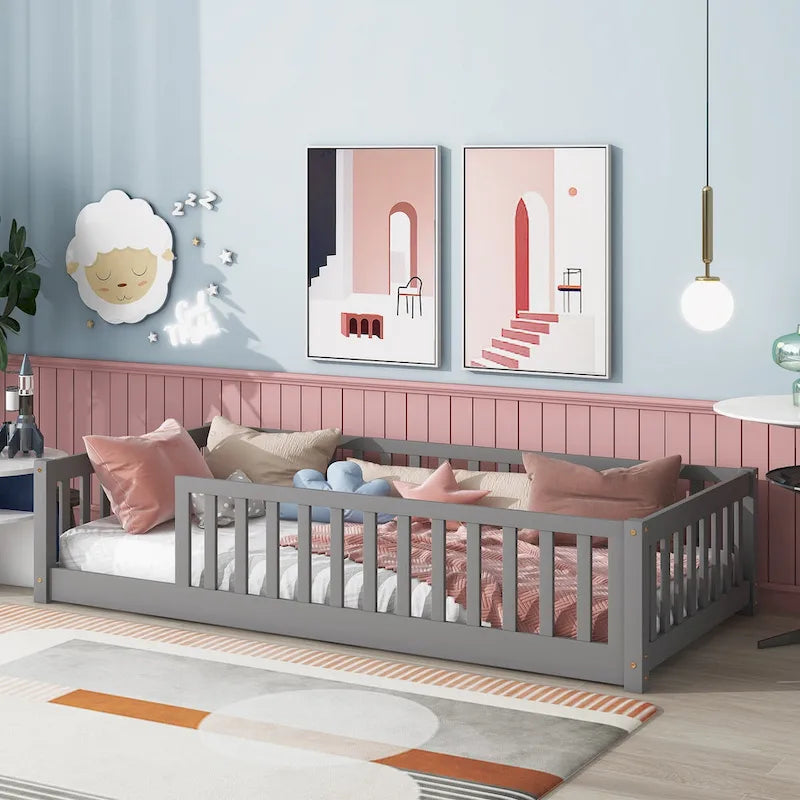 Lit plateforme simple avec barrière, gris / naturel / blanc / expresso