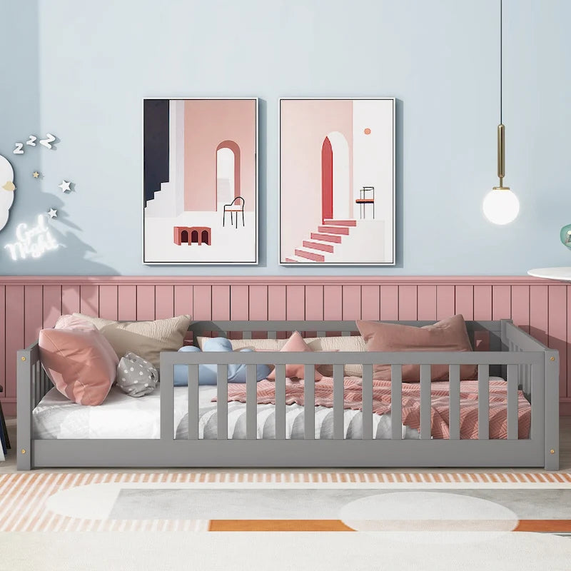 Lit plateforme simple avec barrière, gris / naturel / blanc / expresso