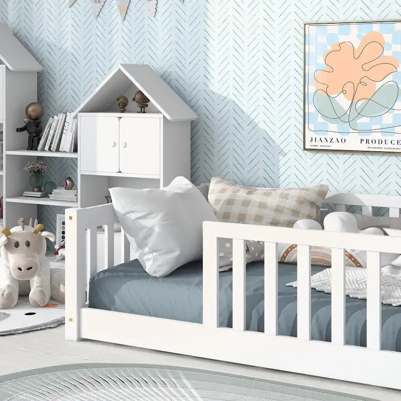 Lit plateforme simple avec barrière, gris / naturel / blanc / expresso