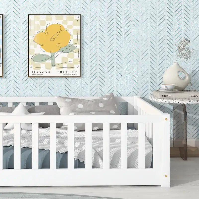 Lit plateforme simple avec barrière, gris / naturel / blanc / expresso