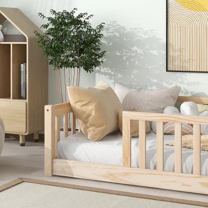 Lit plateforme simple avec barrière, gris / naturel / blanc / expresso
