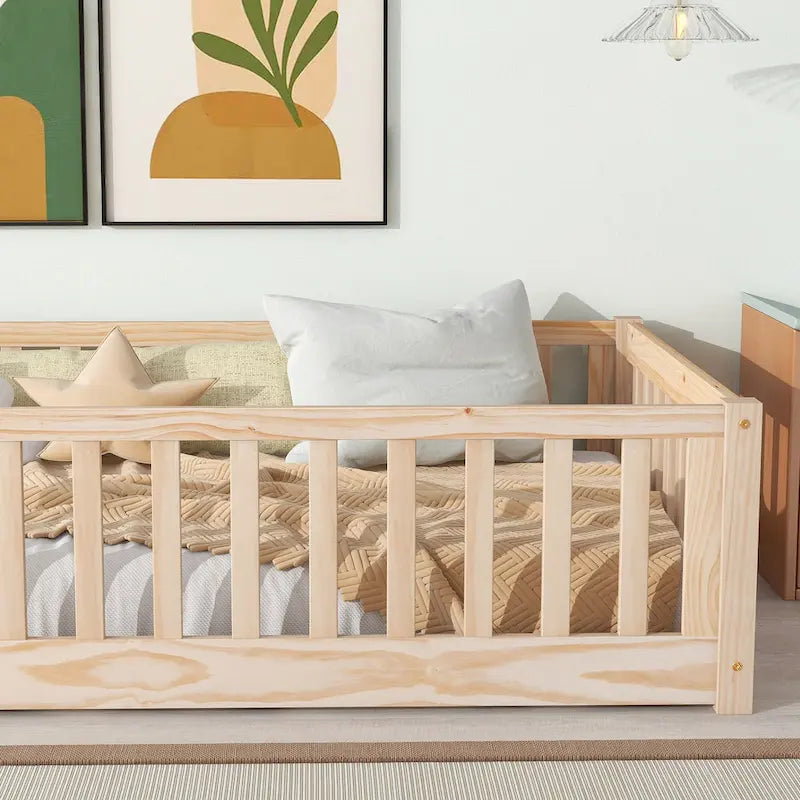 Lit plateforme simple avec barrière, gris / naturel / blanc / expresso