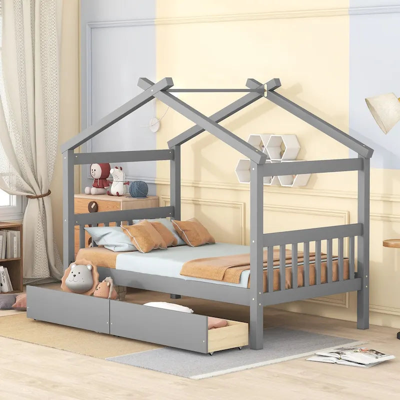 Lit enfant cabane avec tiroirs – Gris/Noyer, 1 place