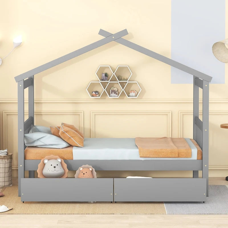 Lit enfant cabane avec tiroirs – Gris/Noyer, 1 place