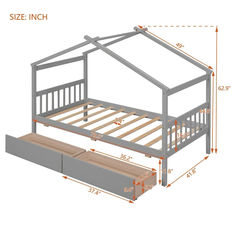 Lit enfant cabane avec tiroirs – Gris/Noyer, 1 place