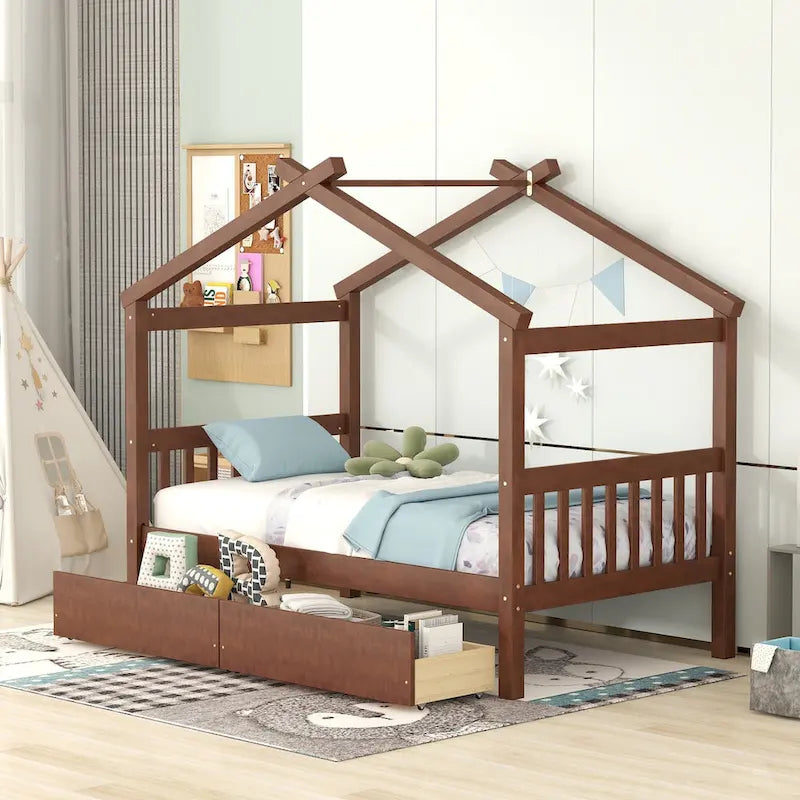Lit enfant cabane avec tiroirs – Gris/Noyer, 1 place