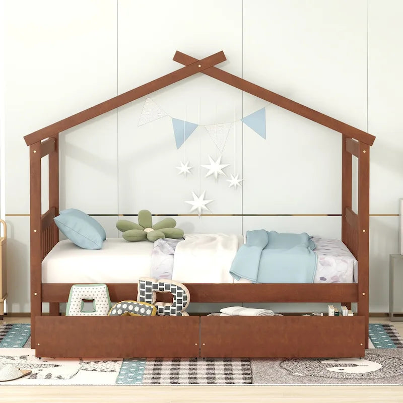 Lit enfant cabane avec tiroirs – Gris/Noyer, 1 place