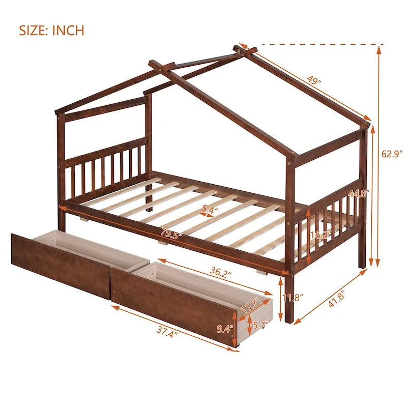 Lit enfant cabane avec tiroirs – Gris/Noyer, 1 place