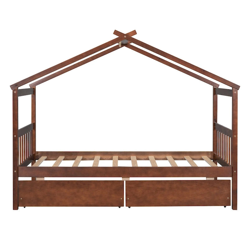 Lit enfant cabane avec tiroirs – Gris/Noyer, 1 place