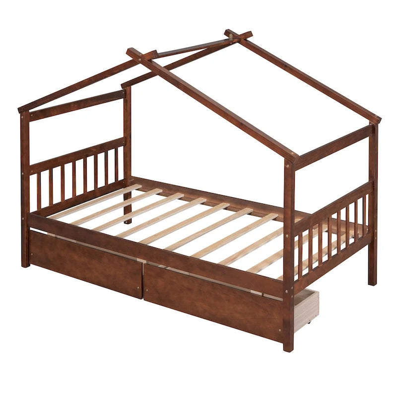 Lit enfant cabane avec tiroirs – Gris/Noyer, 1 place