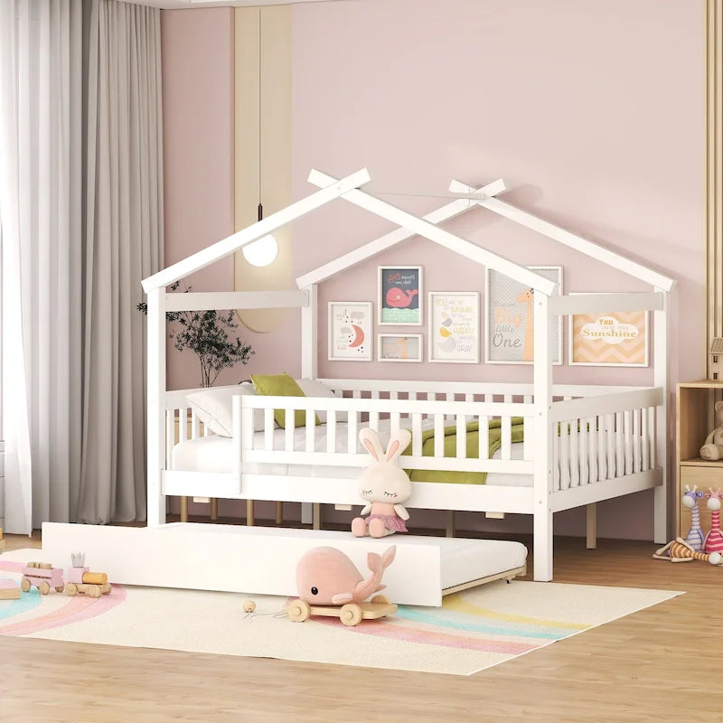 Lit double en forme de maison blanc/noyer avec lit gigogne simple, 2 couchages