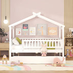 Lit double en forme de maison blanc/noyer avec lit gigogne simple, 2 couchages