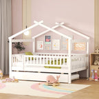 Lit double en forme de maison blanc/noyer avec lit gigogne simple, 2 couchages