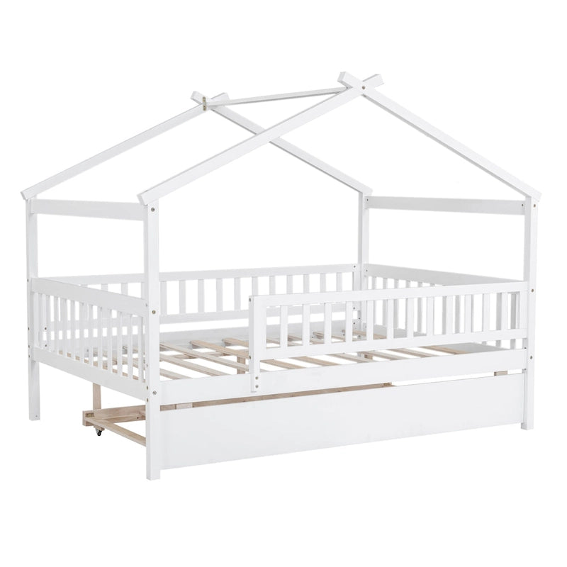 Lit double en forme de maison blanc/noyer avec lit gigogne simple, 2 couchages