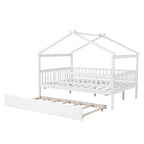 Lit double en forme de maison blanc/noyer avec lit gigogne simple, 2 couchages