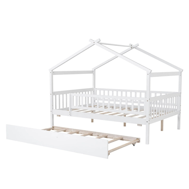 Lit double en forme de maison blanc/noyer avec lit gigogne simple, 2 couchages