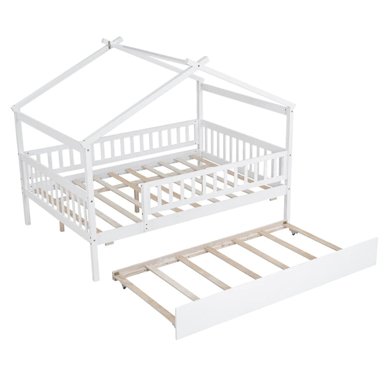 Lit double en forme de maison blanc/noyer avec lit gigogne simple, 2 couchages